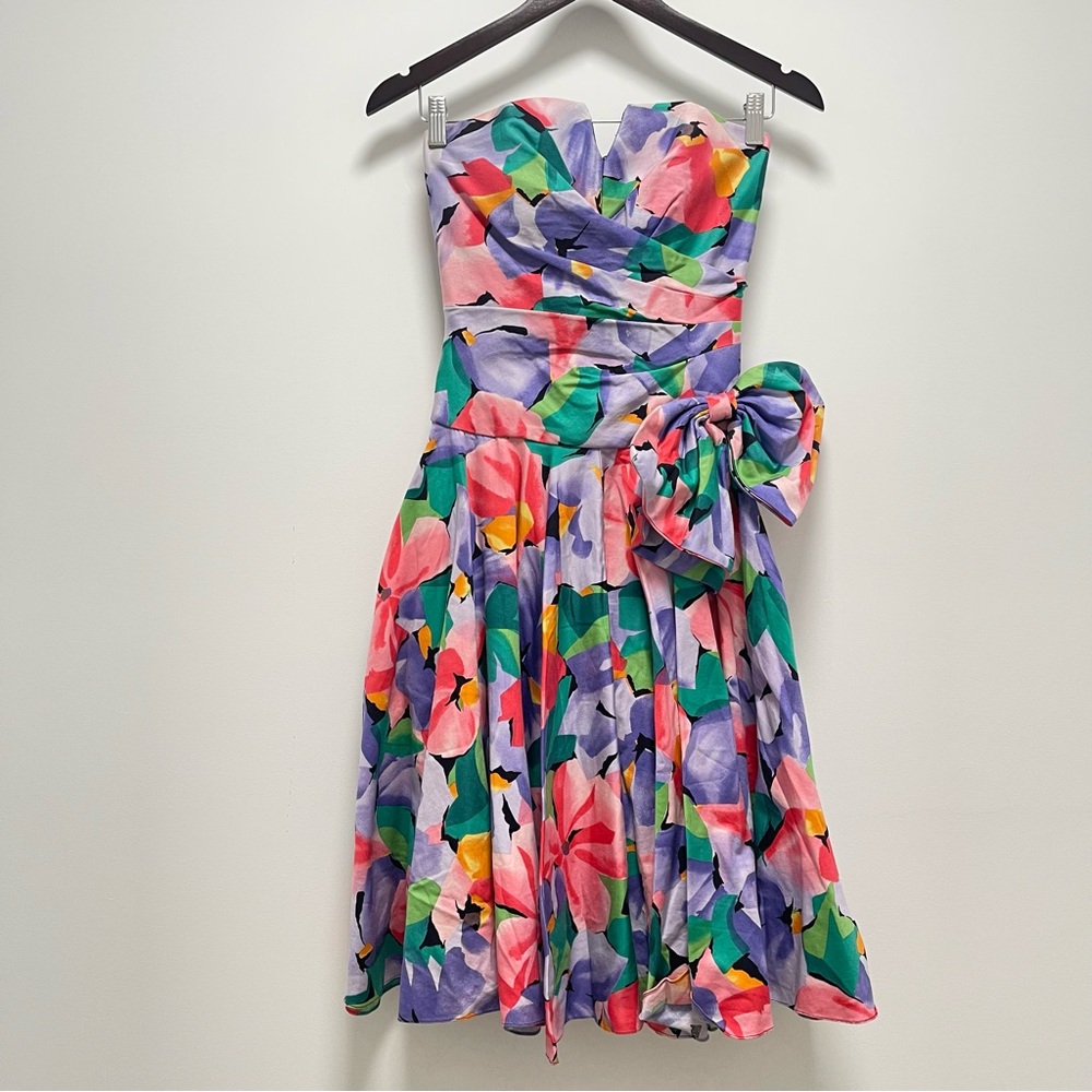 Vintage 1990s A.J. Bari For Neiman Marcus Pink Floral Strapless Bow Dress Size 4 - Picture 2 of 11